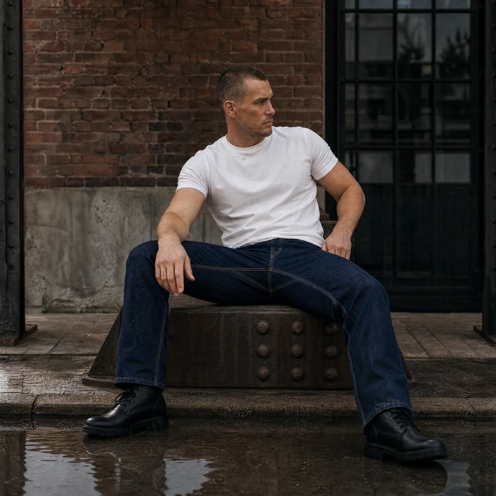 Homme assis en jean Fiak